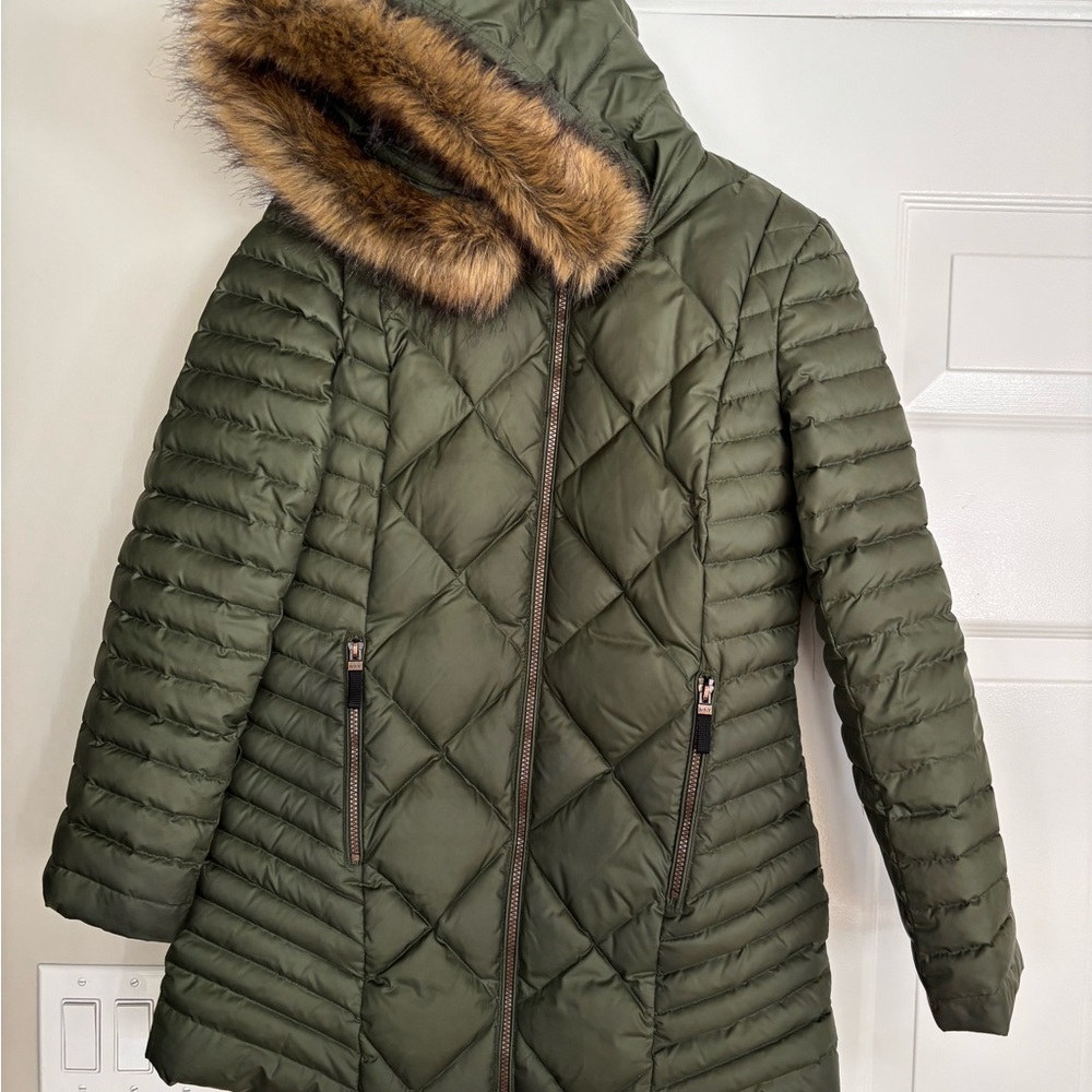 Marc Jacobs Olive Green Quilted Coat with Faux Fur Trim